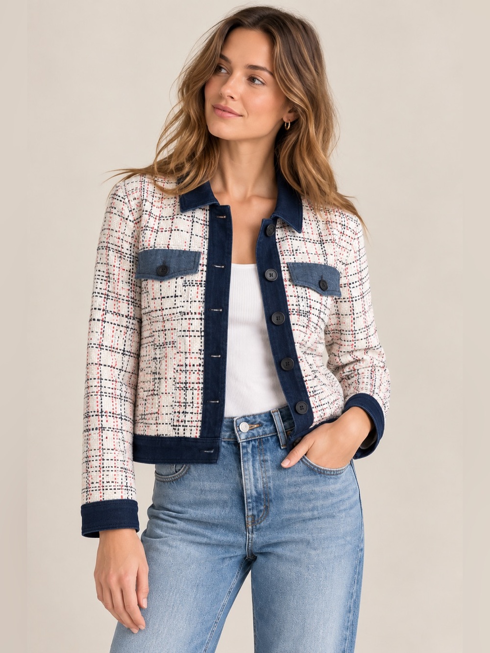 Derek Lam 10 Crosby Tweed Plaid Denim Trim Cropped Jacket Size 8